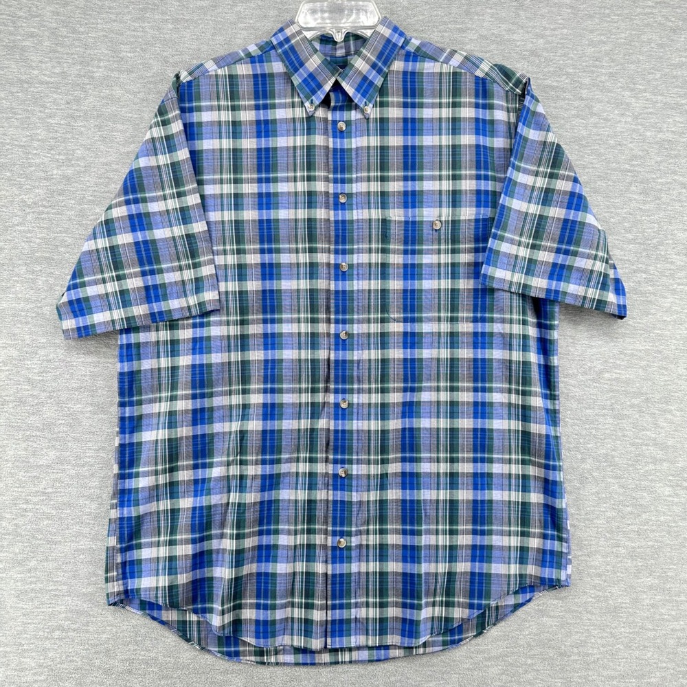 Roundtree & Yorke Button Down Mens L Blue Green Plaid Wrinkle Free Short Sleeve